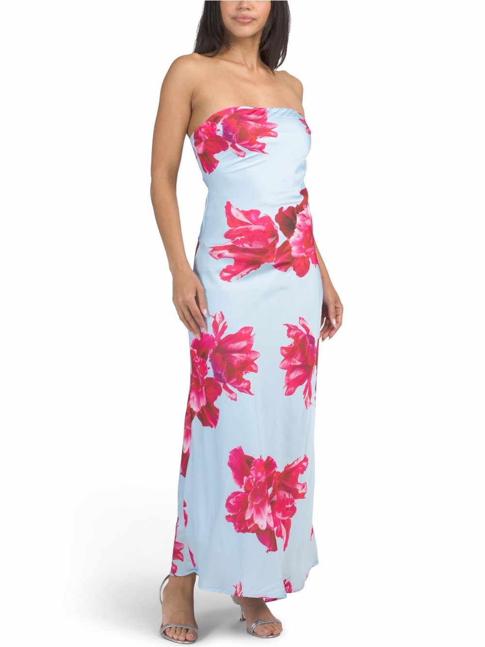 Anthropologie Paper Heart Strapless Blue Floral Satin Midi Dress Size Large
